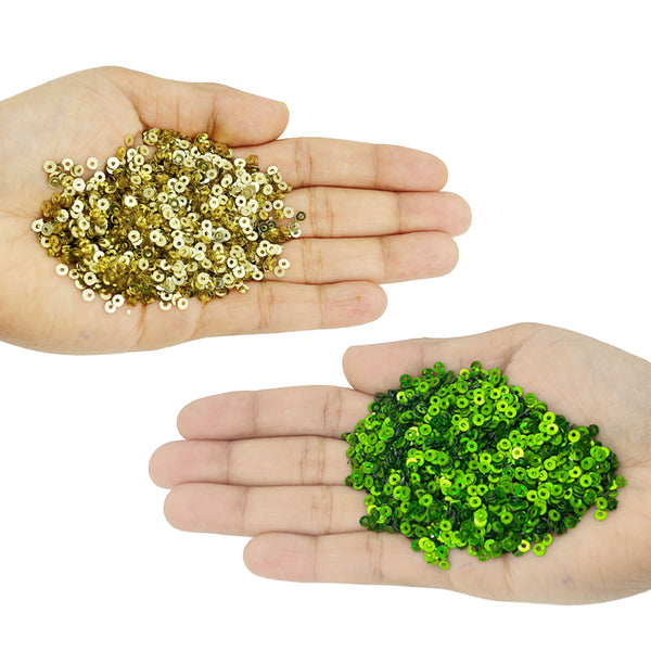 Metallic Flat Round Sequins 3mm, 200 Grams - Lime Green + Gold