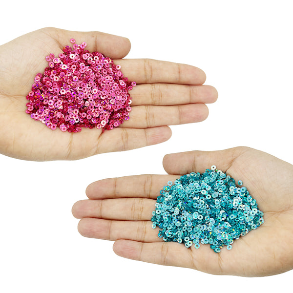 Hologram Flat Round Sequins 3mm, 200 Grams - Bottle Green + Light Pink