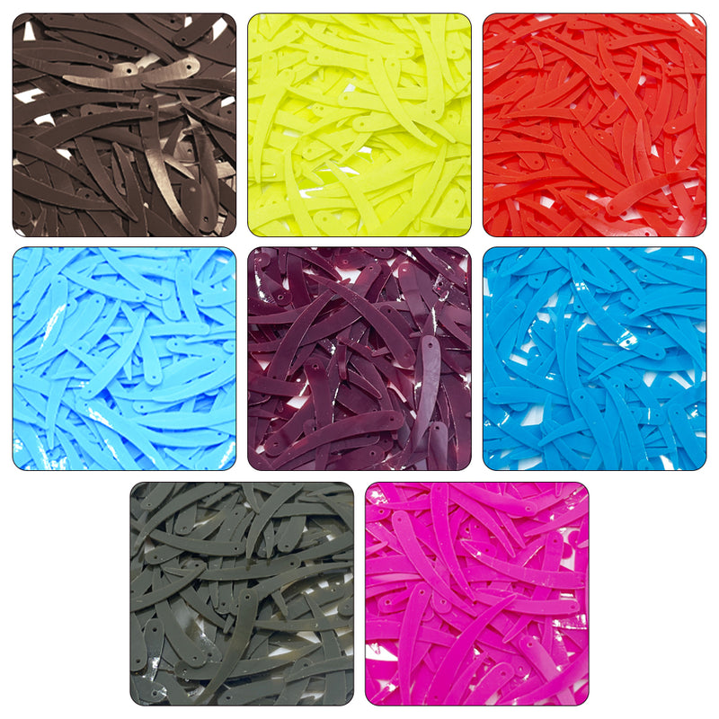 Sword Shape Flat Opaque Sequins 34x5mm - 400 Grams - Orange+Bright Yellow+Pink+Magenta+Sky Blue+Blue+Mehndi Green+Pastel Green