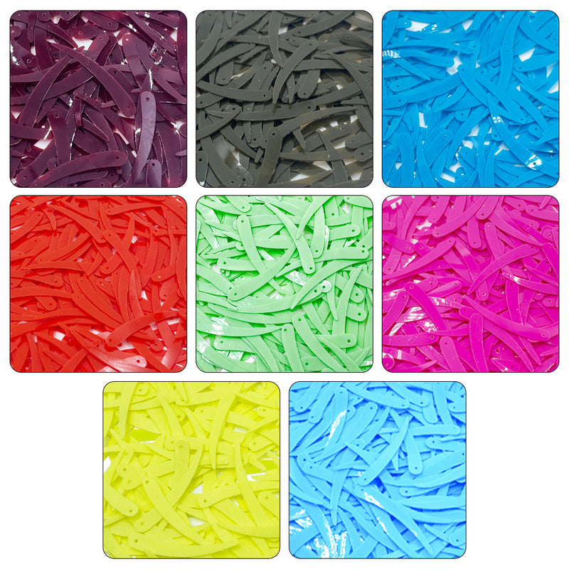 Sword Shape Flat Opaque Sequins 34x5mm - 400 Grams - Coffee+Brown+Mehndi Green+Pastel Green+Sky Blue+Blue+Orange+Bright Yellow