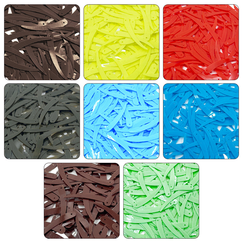 Sword Shape Flat Opaque Sequins 34x5mm - 400 Grams - Orange+Bright Yellow+Pink+Magenta+Sky Blue+Blue+Mehndi Green+Pastel Green
