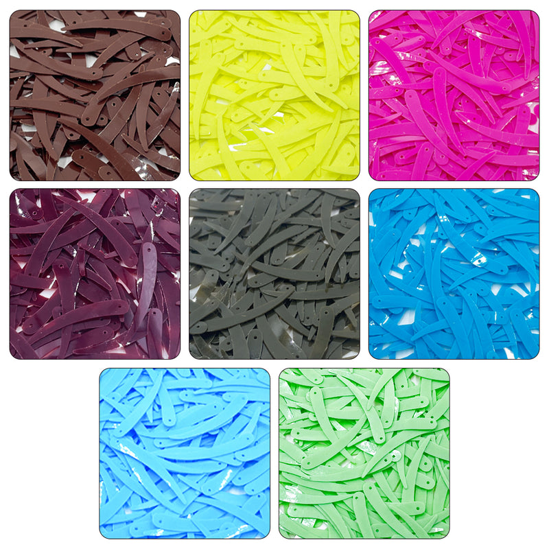 Sword Shape Flat Opaque Sequins 34x5mm - 400 Grams - Orange+Bright Yellow+Pink+Magenta+Sky Blue+Blue+Mehndi Green+Pastel Green