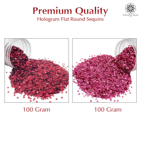 Hologram Flat Round Sequins 3mm, 200 Grams - Light Pink + Dark Red