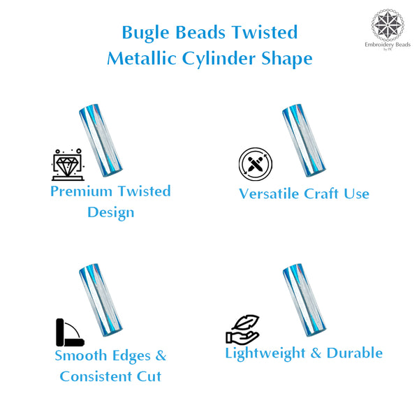Twisted Metallic Cylinder Shape Beads 10mm, Blue (100 Pieces) Making Embroidery Craft DIY Work Jewellery