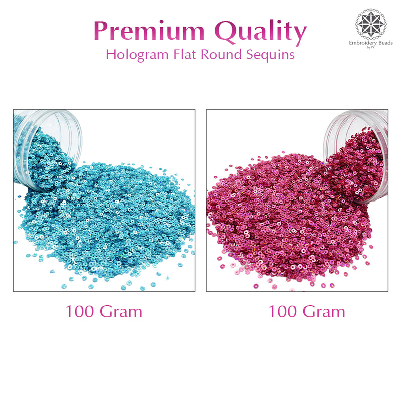 Hologram Flat Round Sequins 3mm, 200 Grams - Bottle Green + Light Pink