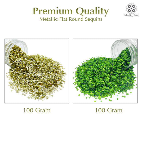 Metallic Flat Round Sequins 3mm, 200 Grams - Lime Green + Gold