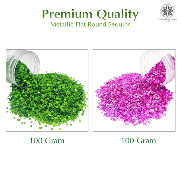 Metallic Flat Round Sequins 3mm, 200 Grams - Pink + Lime Green