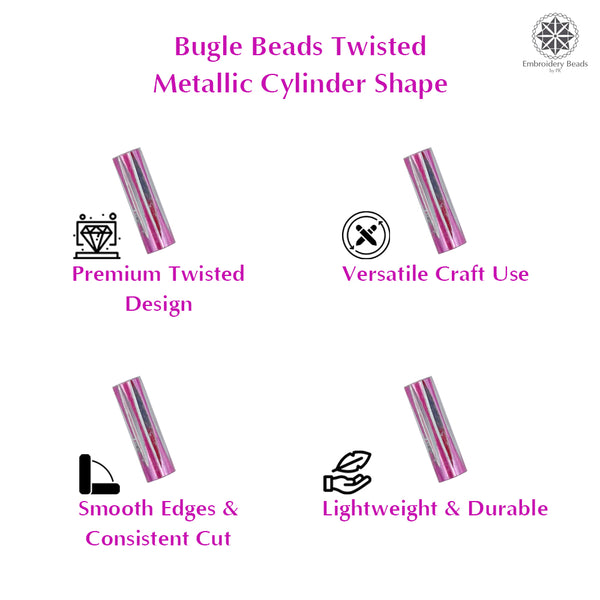 Twisted Metallic Cylinder Shape Beads 10mm, Pink (100 Pieces) Making Embroidery Craft DIY Work Jewellery