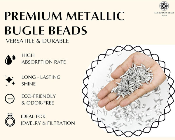 Embroidery Beads, Twisted Metallic Cylinder Shape Beads 10mm, Silver (100 Pieces) Making Embroidery Craft DIY Work Jewellery