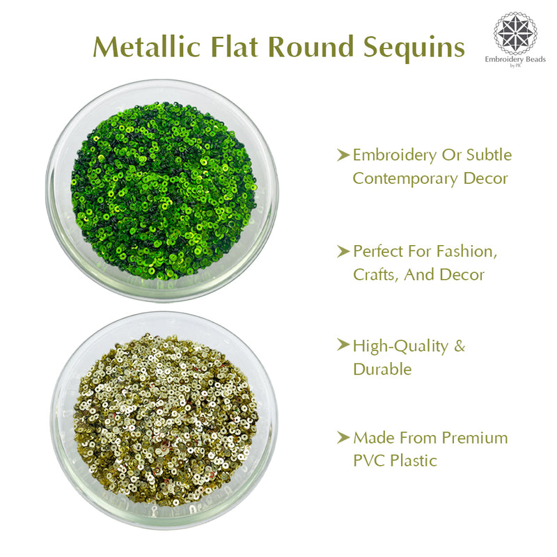 Metallic Flat Round Sequins 3mm, 200 Grams - Lime Green + Gold