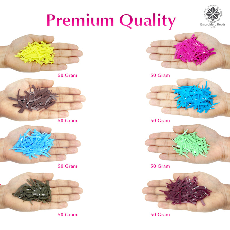 Sword Shape Flat Opaque Sequins 34x5mm - 400 Grams - Pink+Magenta+Bright Yellow+Pastel Green+Mehndi Green+Sky Blue+Blue+Coffee