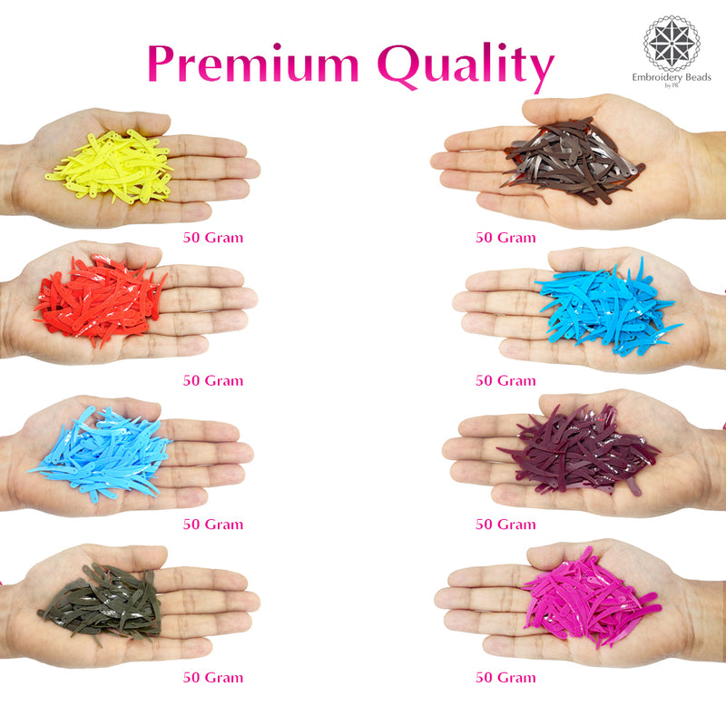 Sword Shape Flat Opaque Sequins 34x5mm - 400 Grams - Magenta+Pink+Bright Yellow+Orange+Blue+Sky Blue+Mehndi Green+Brown