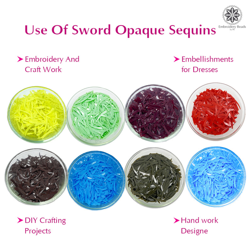 Sword Shape Flat Opaque Sequins 34x5mm - 400 Grams - Coffee+Brown+Mehndi Green+Pastel Green+Sky Blue+Blue+Orange+Bright Yellow
