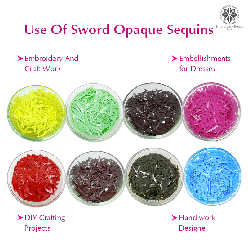 Sword Shape Flat Opaque Sequins 34x5mm - 400 Grams - Orange+Bright Yellow+Coffee+Brown+Mehndi Green+Pastel Green+Sky Blue+Pink