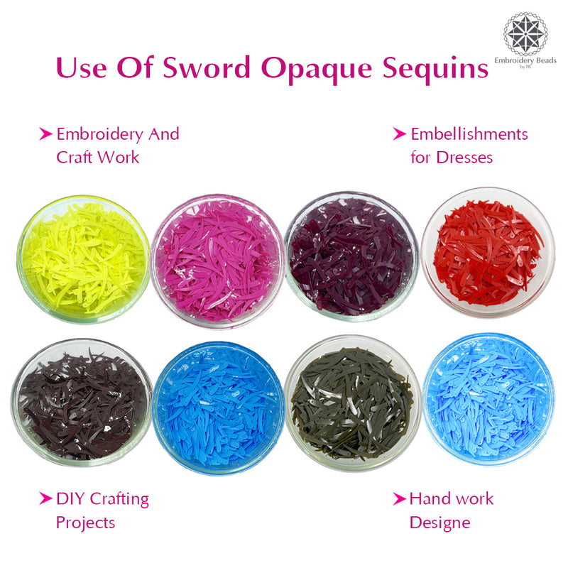 Sword Shape Flat Opaque Sequins 34x5mm - 400 Grams - Magenta+Pink+Bright Yellow+Orange+Blue+Sky Blue+Mehndi Green+Brown