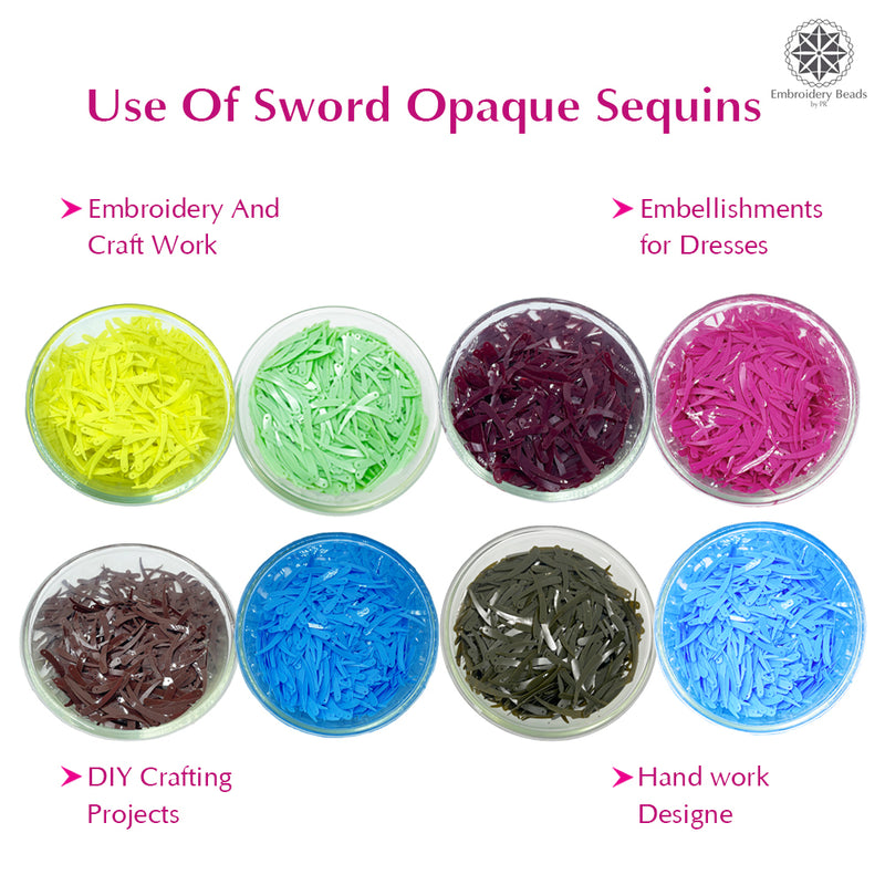 Sword Shape Flat Opaque Sequins 34x5mm - 400 Grams - Pink+Magenta+Bright Yellow+Pastel Green+Mehndi Green+Sky Blue+Blue+Coffee