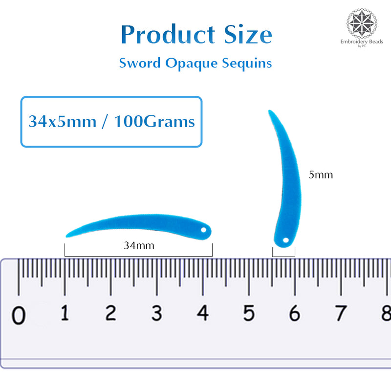 Sword Shape Flat Opaque Sequins 34x5mm, 100 Grams - Blue