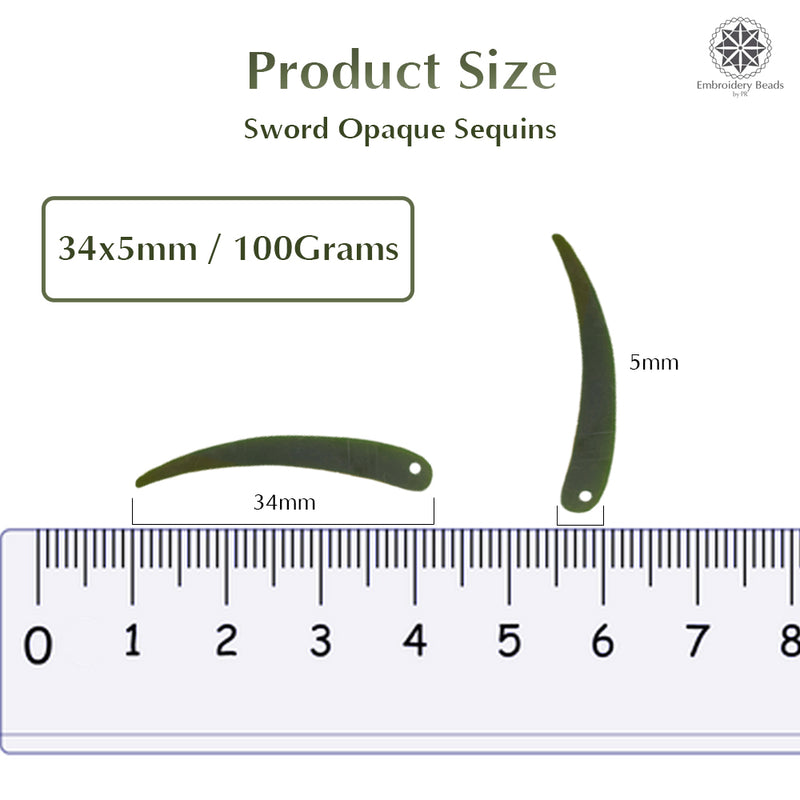 Sword Shape Flat Opaque Sequins 34x5mm, 100 Grams - Mehandi green