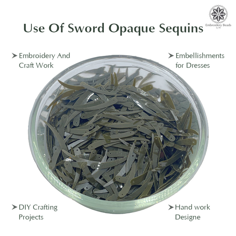 Sword Shape Flat Opaque Sequins 34x5mm, 100 Grams - Mehandi green
