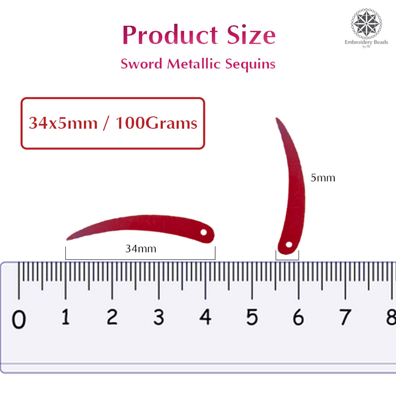 Sword Shape Flat Metallic Sequins 34x5mm, 100 Grams - Dark Red
