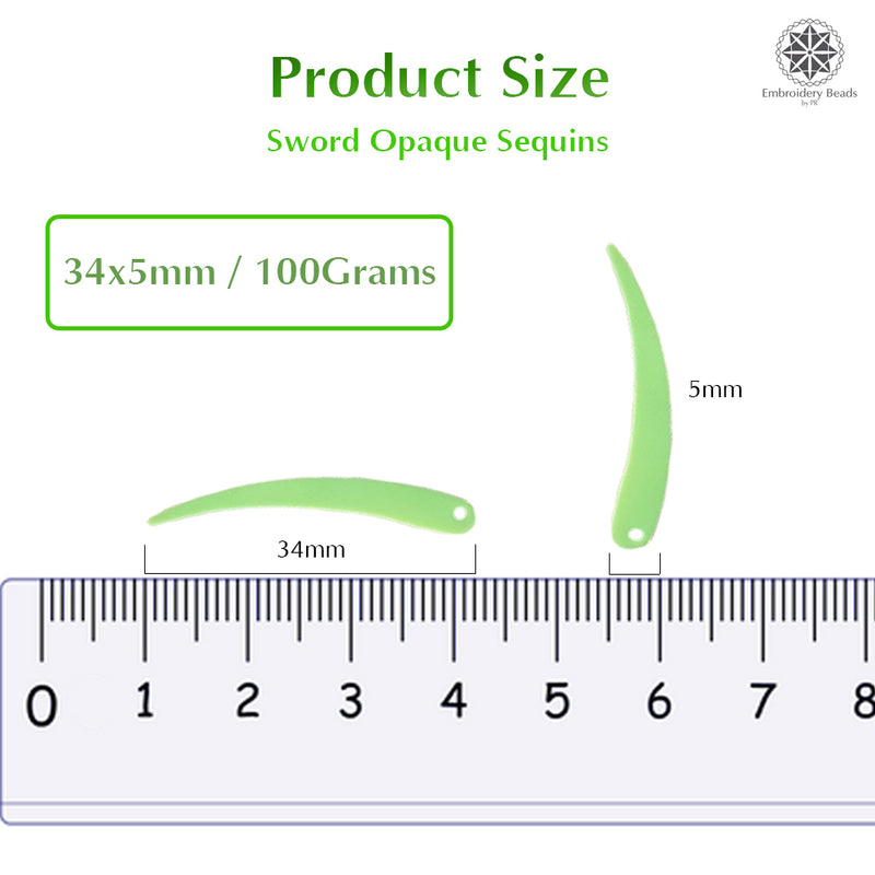 Sword Shape Flat Opaque Sequins 34x5mm, 100 Grams - Pastel Green