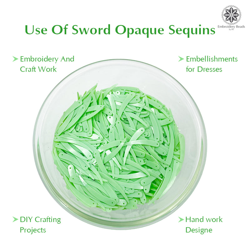 Sword Shape Flat Opaque Sequins 34x5mm, 100 Grams - Pastel Green