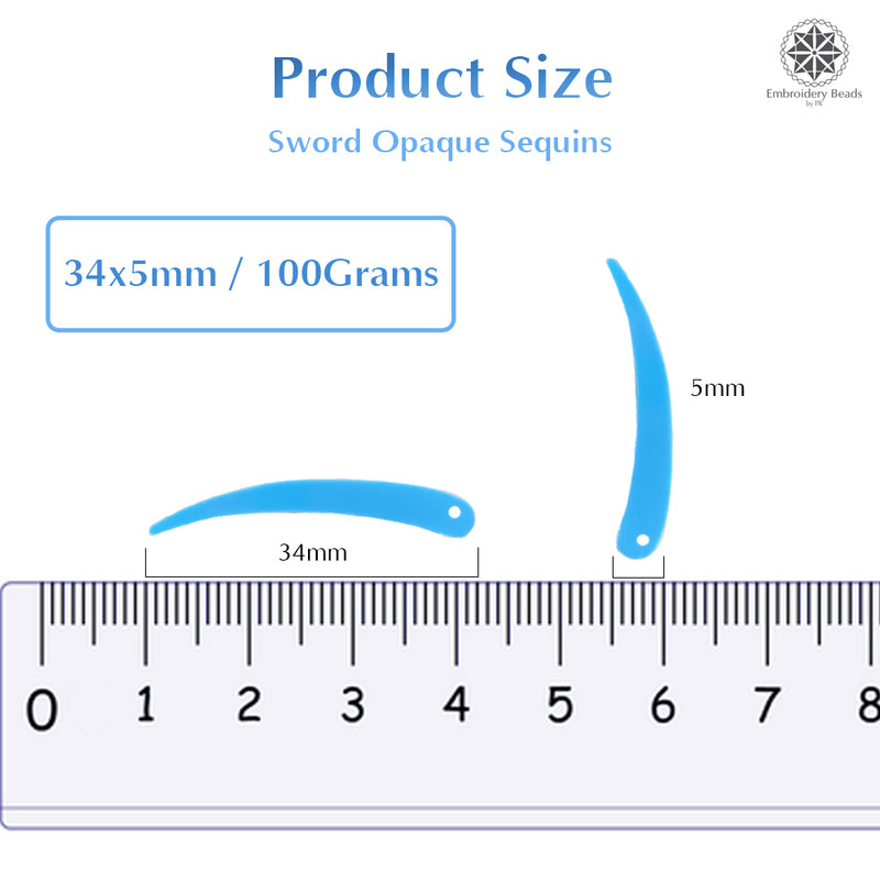 Sword Shape Flat Opaque Sequins 34x5mm, 100 Grams - Sky Blue