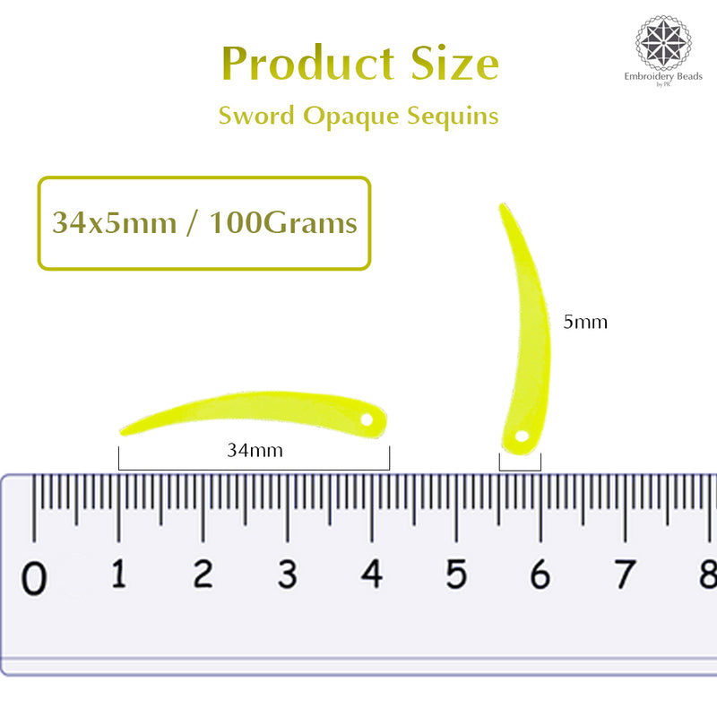 Sword Shape Flat Opaque Sequins 34x5mm, 100 Grams - Bright Yellow