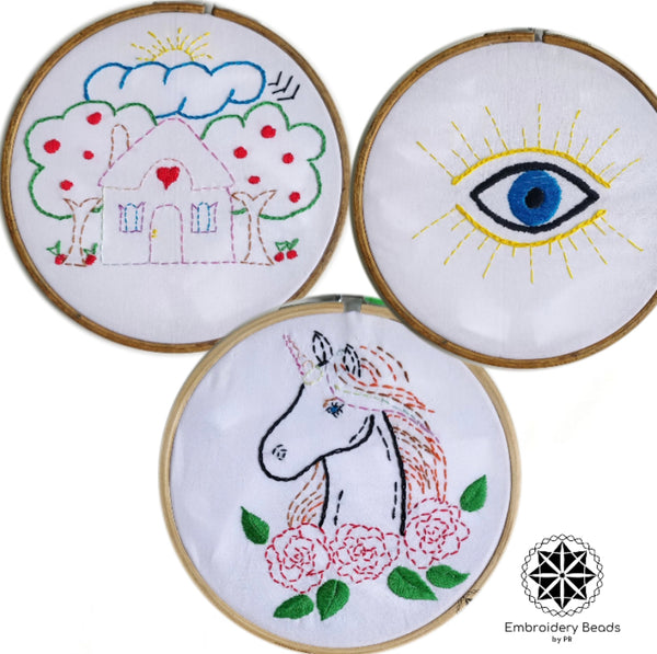 DIY Embroidery Kit Combo of Evil Eye / House / Unicorn Face